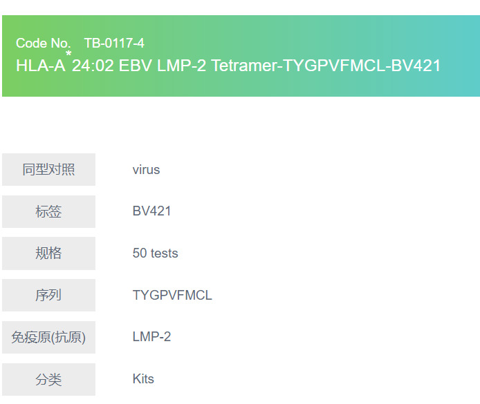HLA-A*24:02 EBV LMP-2 Tetramer-TYGPVFMCL-BV421